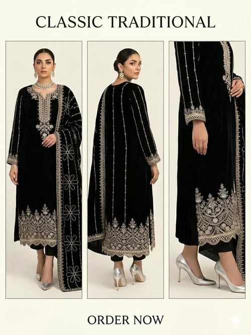 MISAQ black premium velvet 3 piece unstitched suit with statement neckline and daman work for Pakistani women's party wear