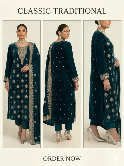  Pakistani woman wearing unstitched micro 9000-11000 premium velvet winter wedding suit with heavy embroidery and luxury dupatta.