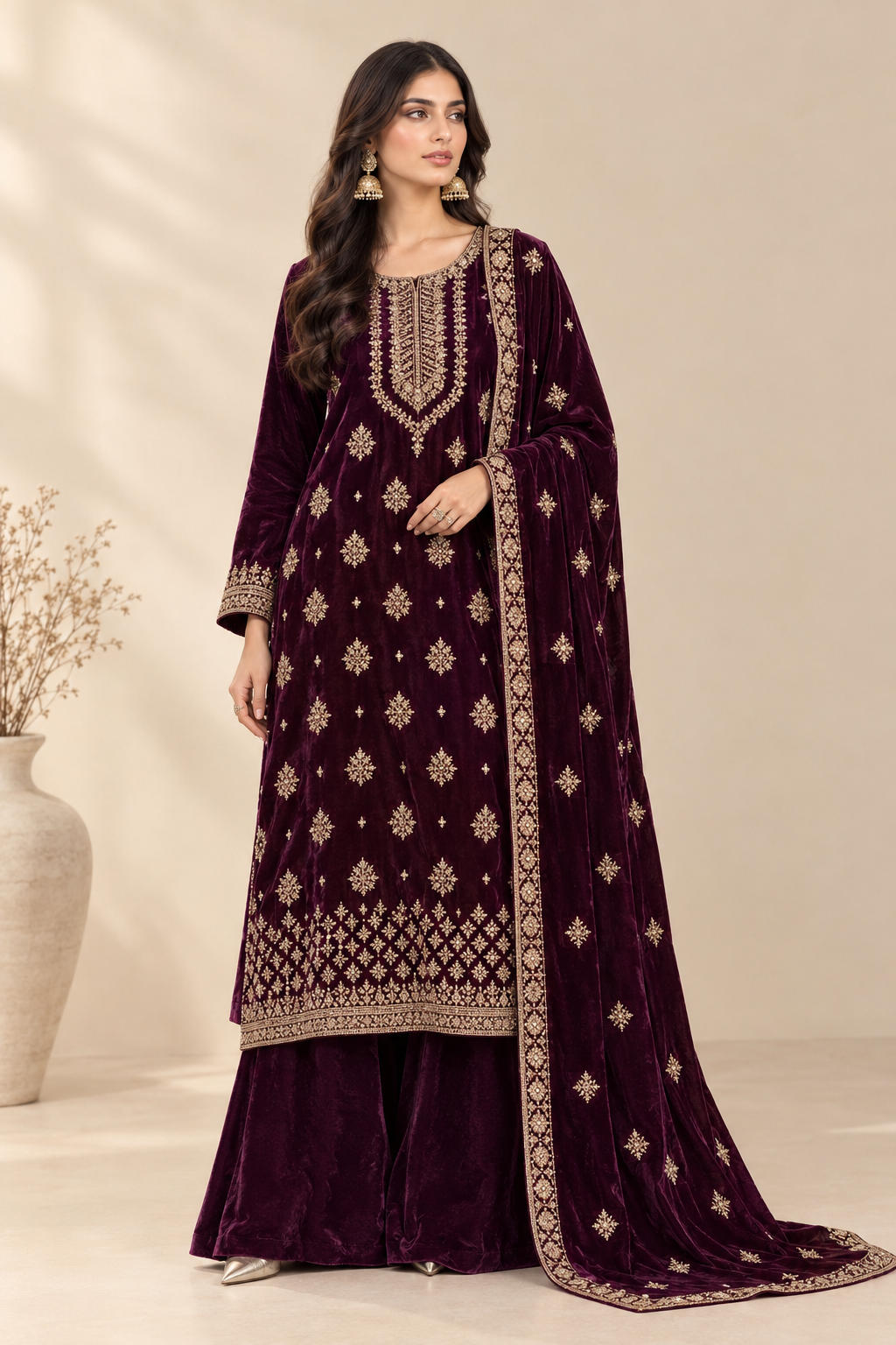 MISAQ Purple Velvet 3 Piece Unstitched Suit | Premium Quality