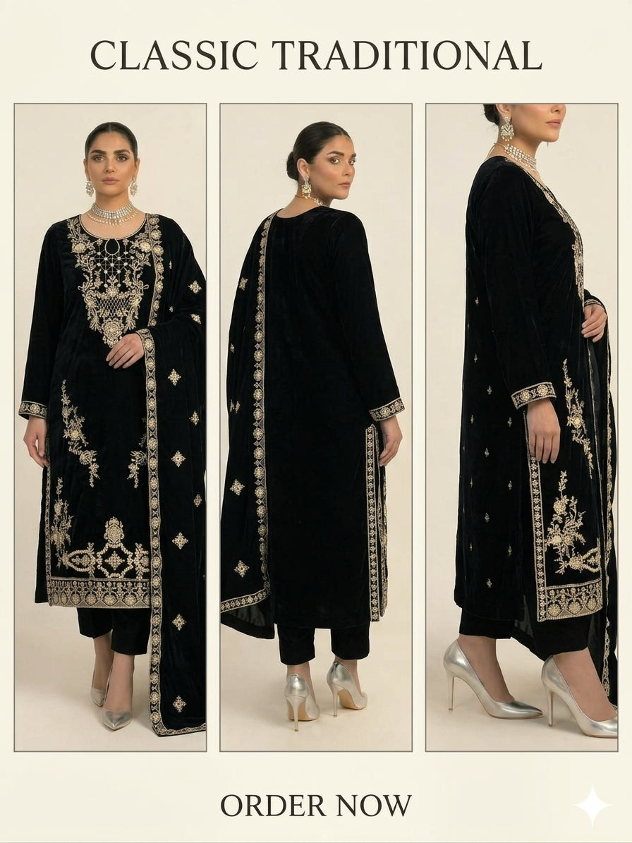 MISAQ premium Micro 9000/11000 velvet 3 piece unstitched suit in black for Pakistani women's wedding and formal wear
