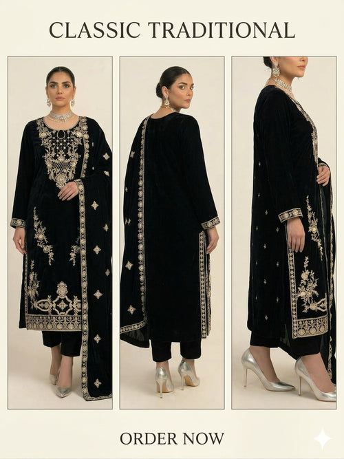 MISAQ premium Micro 9000/11000 velvet 3 piece unstitched suit in black for Pakistani women's wedding and formal wear