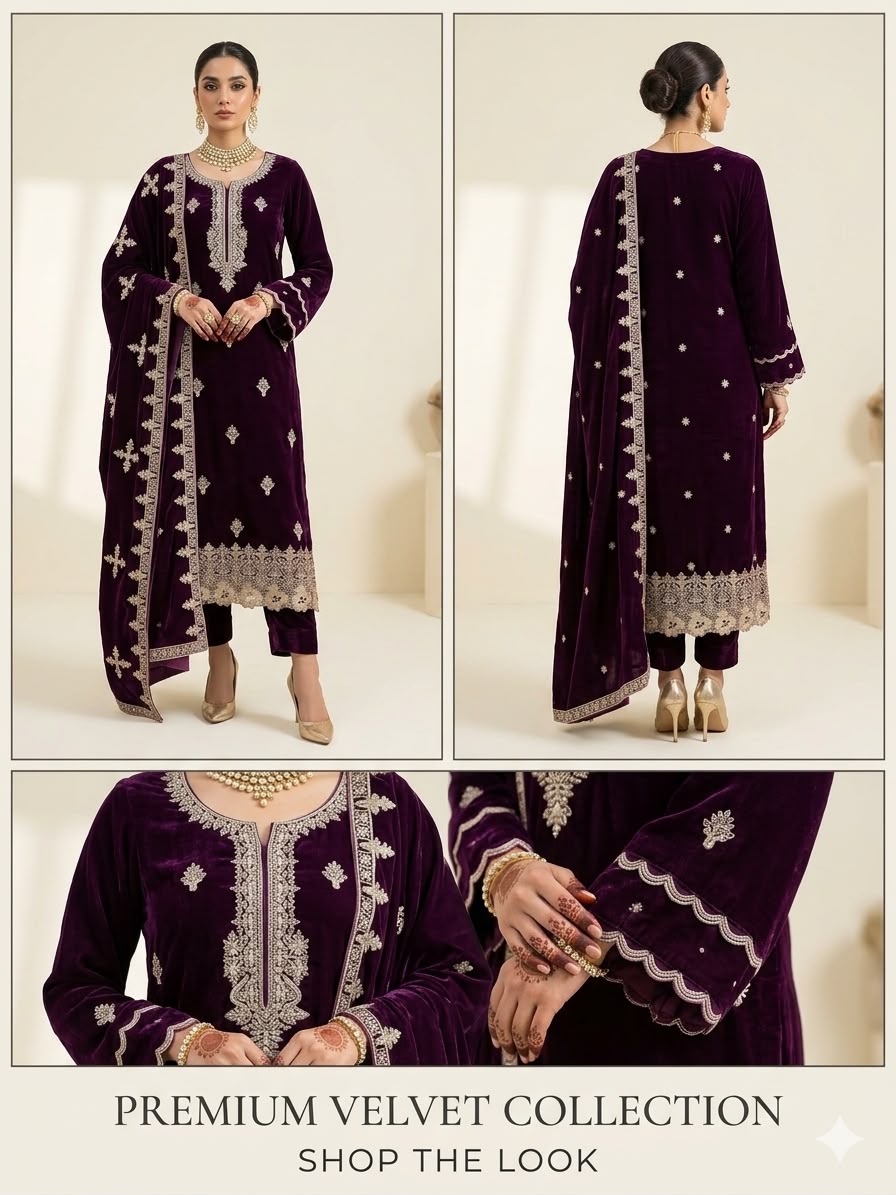 MISAQ purple Micro 9000/11000 velvet 3-piece unstitched suit for Pakistani women's winter wedding and formal wear