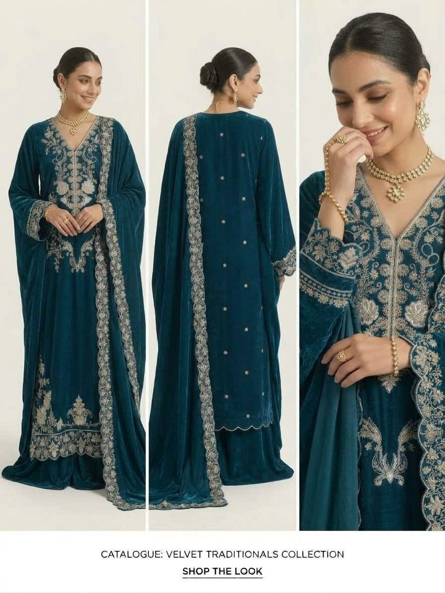 MISAQ teal Micro 9000/11000 velvet 3-piece unstitched suit for Pakistani winter weddings and formal wear