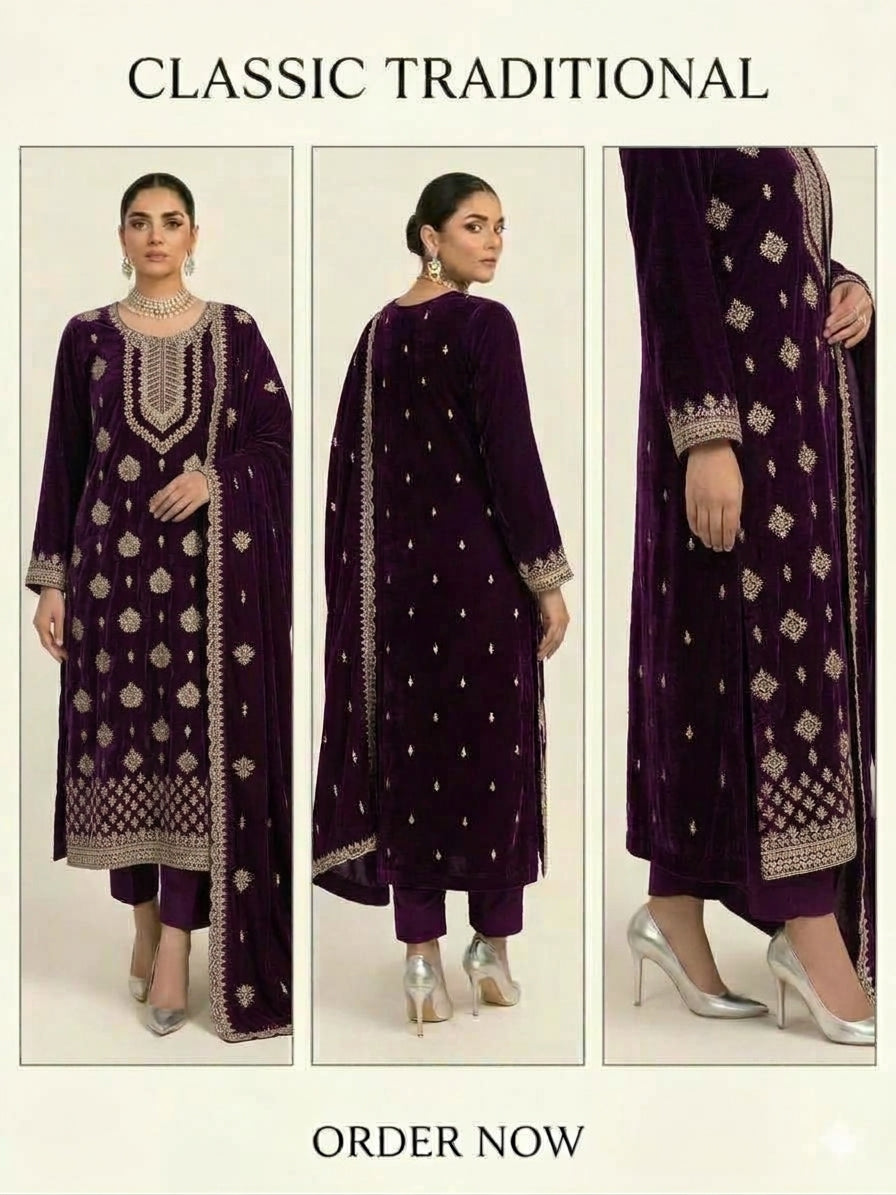 MISAQ premium purple Micro 9000/11000 velvet 3-piece unstitched suit for Pakistani women's wedding, shaadi and formal wear, available in six colours.